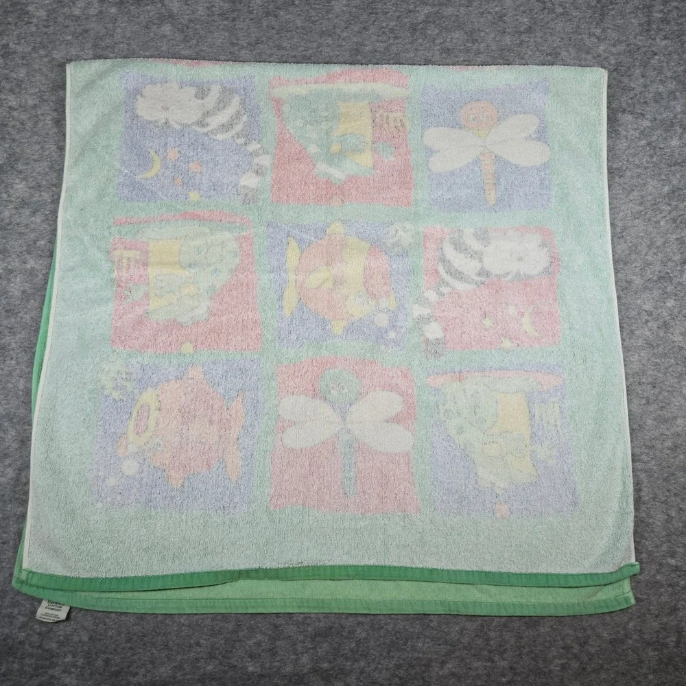 VTG 90s Davidson Cotton Company Unisex Green Animal Grid Whimsical Baby Towel OS